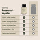 Rosenrod-kapsler fra Nordic Oil med en oversigtstabel der viser 100% vildt høstet, uden smagsstoffer, uden farvestoffer, fremstillet i EU og laboratorietestet.
