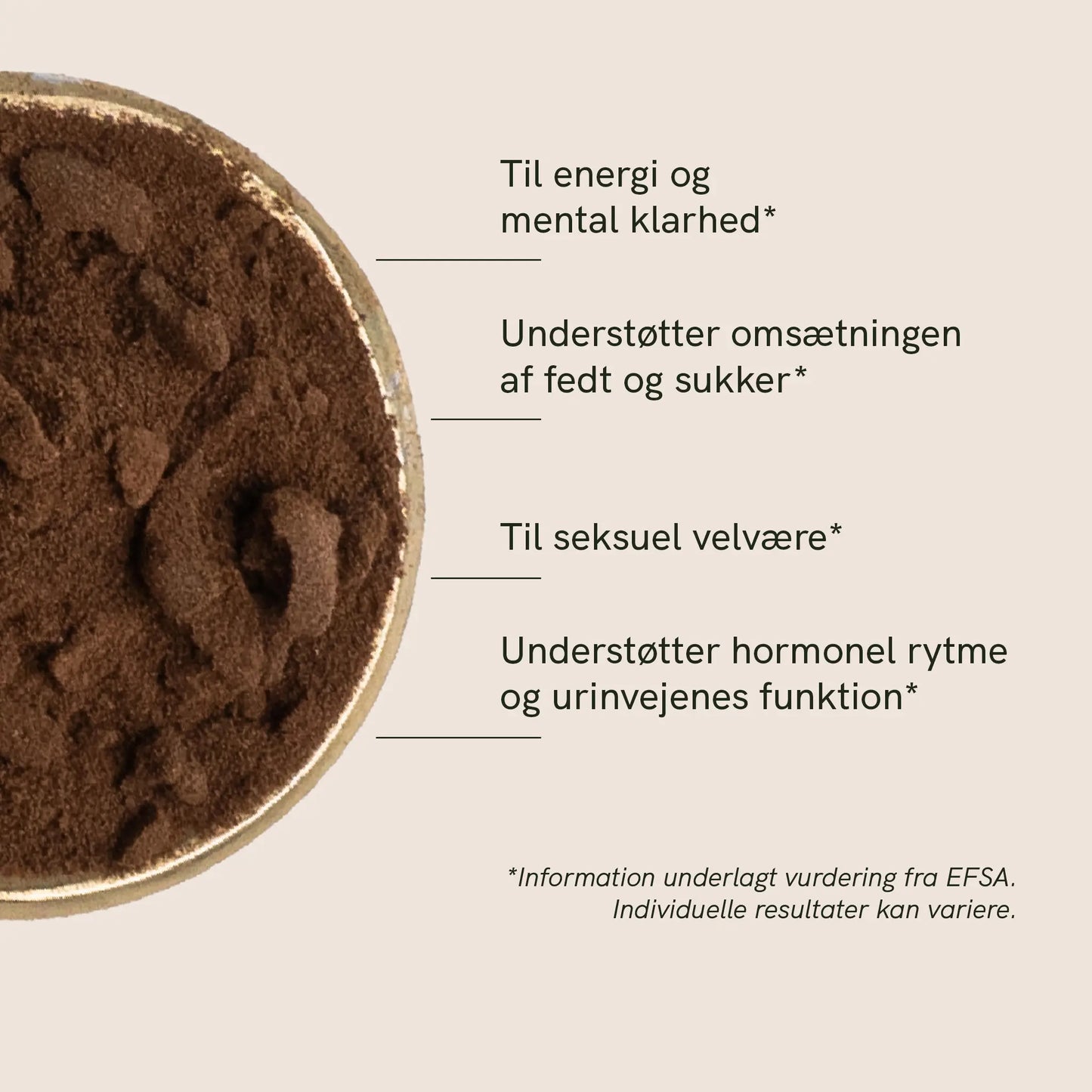 Shilajitpulver i en skål til venstre på en beige baggrund med tekst om energi, mental klarhed og velvære.