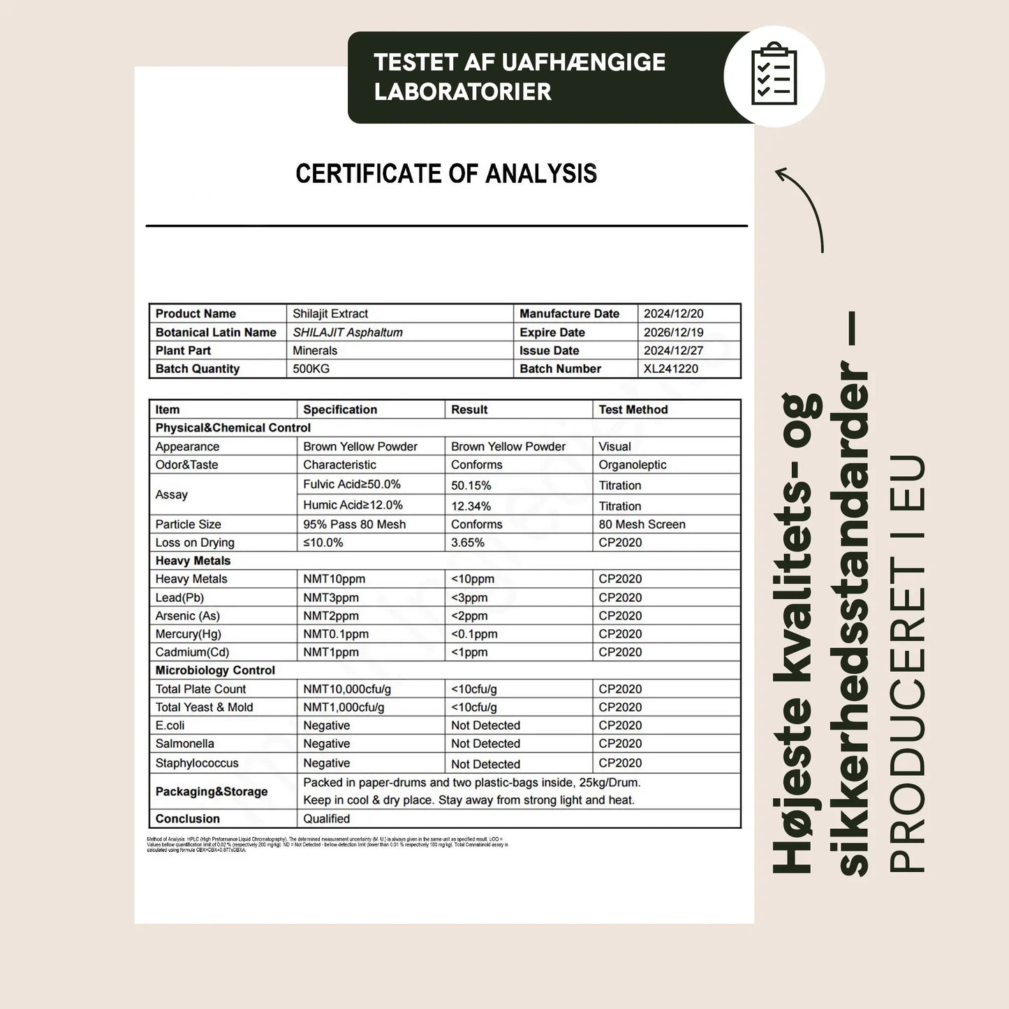 Analysecertifikat med prøveresultater og laboratorieoplysninger