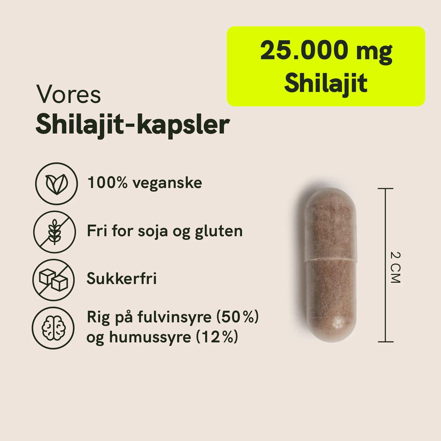 Vores Shilajit-kapsler – 25.000 mg Shilajit, 100% veganske, fri for soja og gluten, sukkerfri, rig på fulvinsyre og humussyre; illustreret kapsel til højre