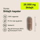 Vores Shilajit-kapsler – 25.000 mg Shilajit, 100% veganske, fri for soja og gluten, sukkerfri, rig på fulvinsyre og humussyre; illustreret kapsel til højre