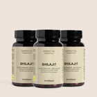 Tre mørkebrune glasflasker med Shilajit-kapsler fra Nordic Oil Essentials