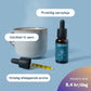 Nordic Oil Sleep Drops-flaske og en dropper ved siden af en hvid kop på blå baggrund.