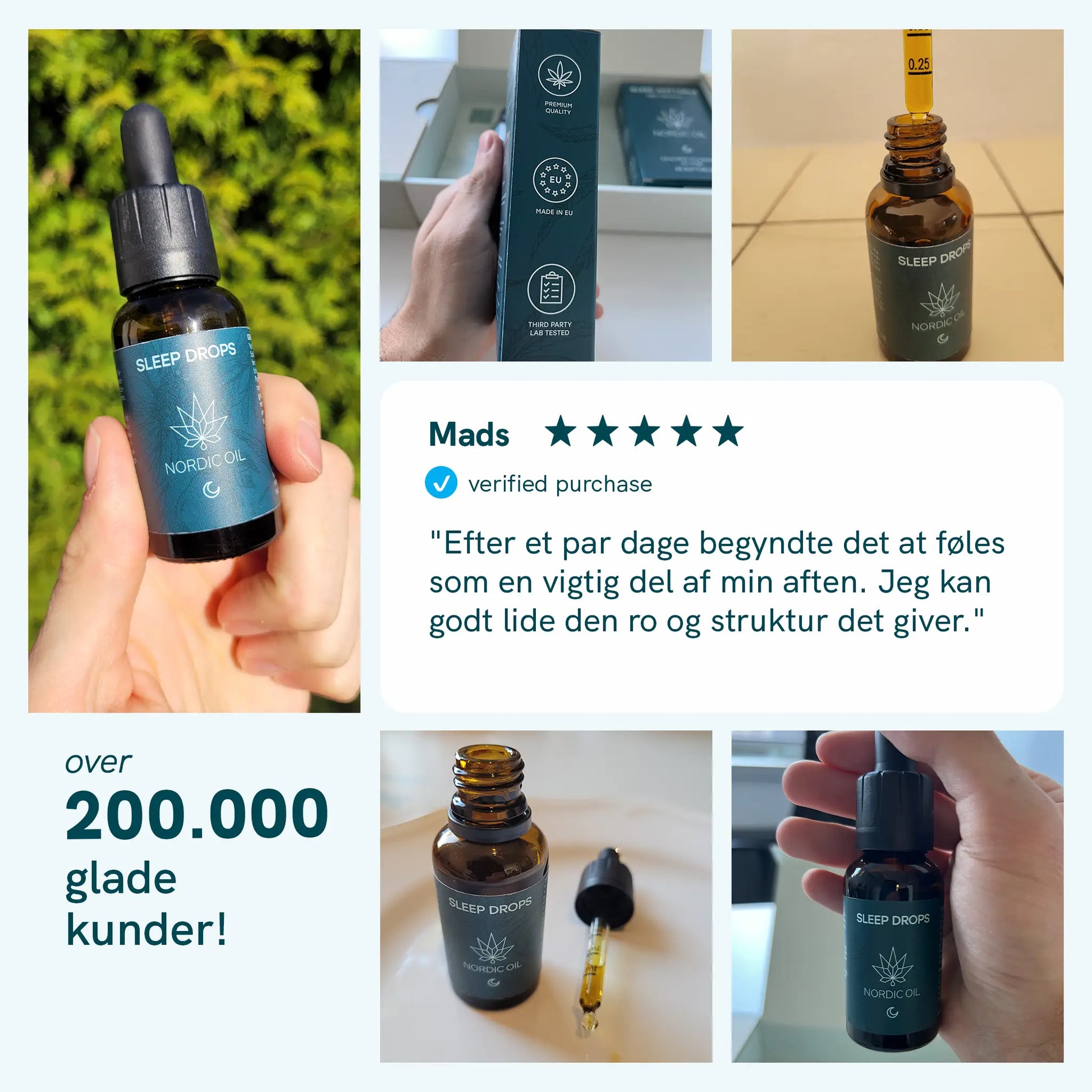 Billedkollage af Nordic Oil Sleep Drops-flasker og en kundeanmeldelse med stjerner.