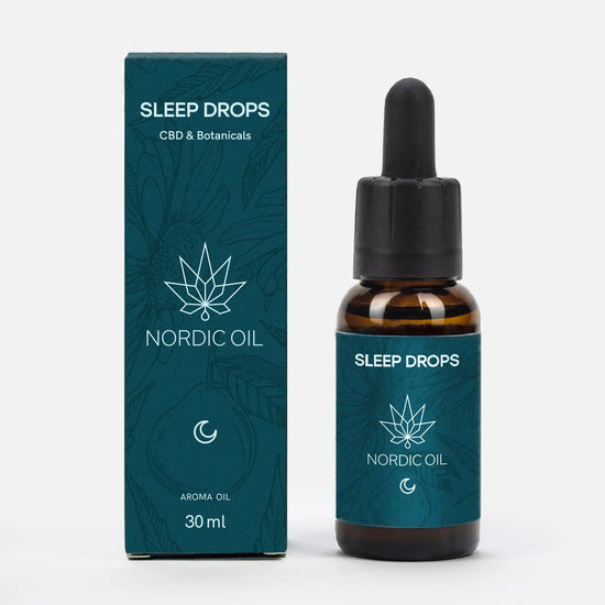 Sleep Drops CBD og Botanicals – Nordic Oil æske og dråbeflaske med teal farvet etiket (30 ml)