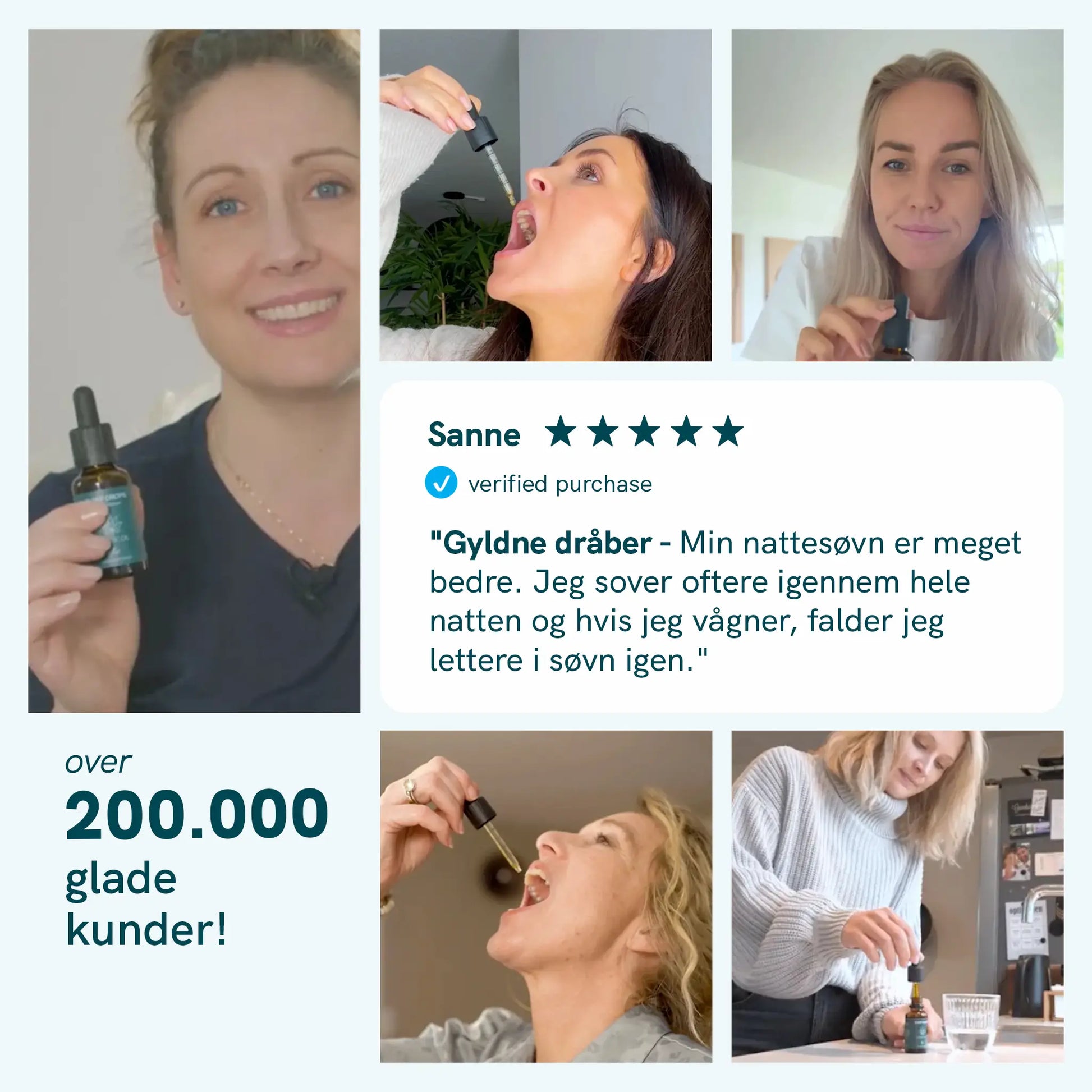 Kollage af kvinder, der bruger Nordic Oil CBD-olie, med en kundeudtalelse og teksten 'over 200.000 glade kunder'.