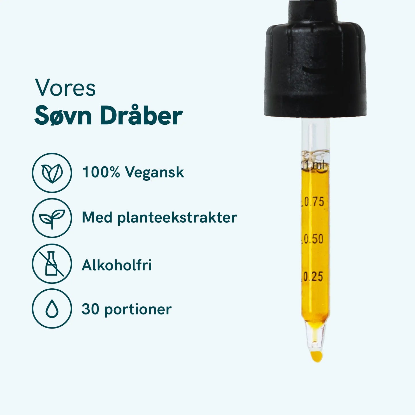 Grafik: Vores Søvn Dråber – 100% vegansk, med planteekstrakter, alkoholfri og 30 portioner.