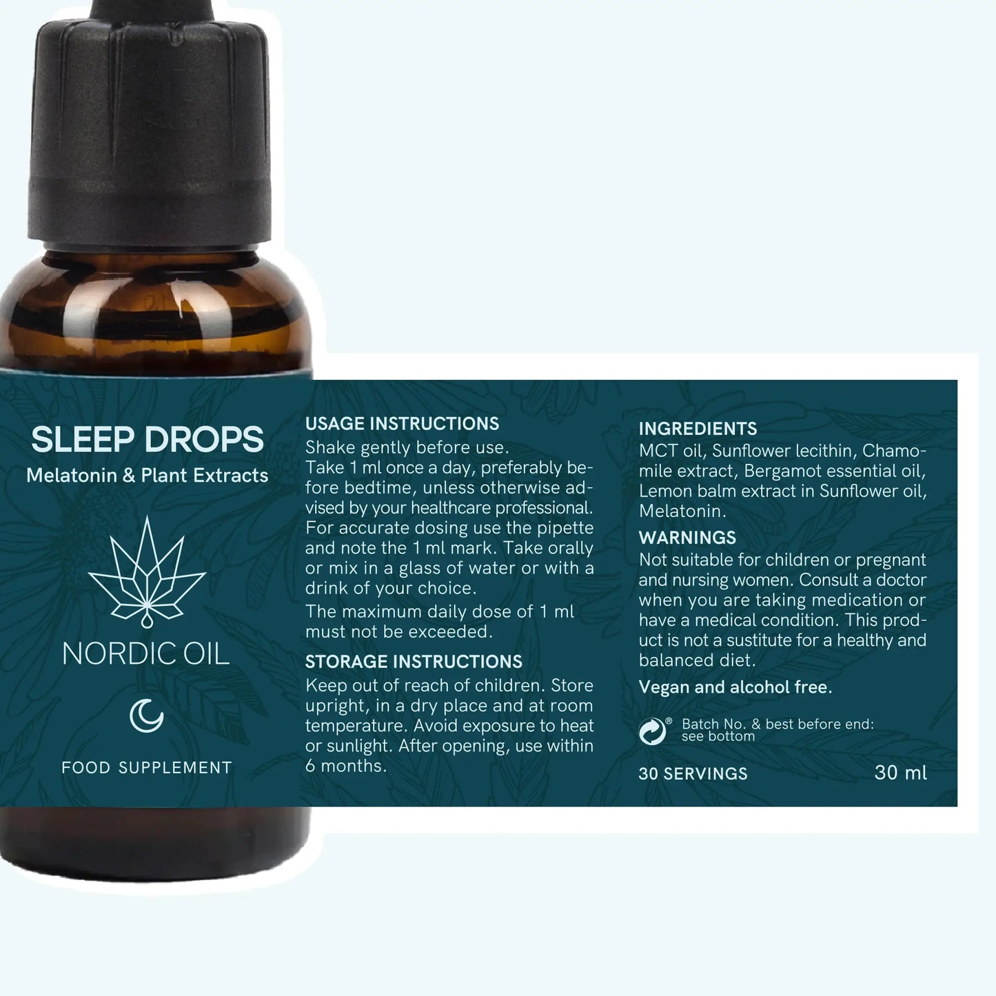 Mørk glasflaske med dropper og blå etikette med teksten Sleep Drops Melatonin & Plant Extracts fra Nordic Oil