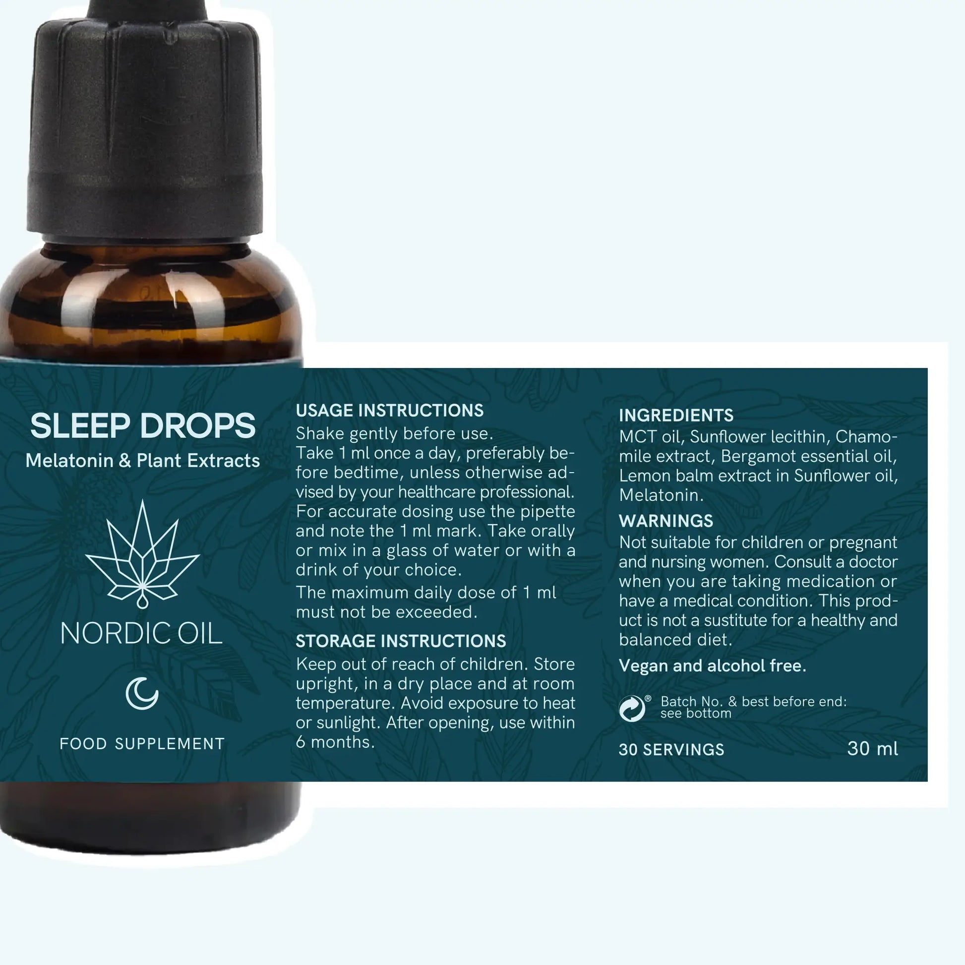 Mørk glasflaske med dropper og blå etikette med teksten Sleep Drops Melatonin & Plant Extracts fra Nordic Oil