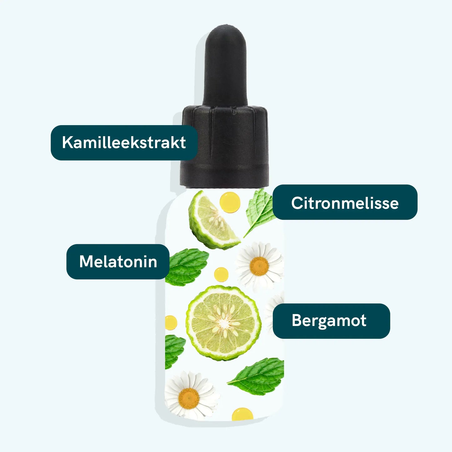 Dropperflaske med etiketter Kamillekstrakt, Citronmelisse, Melatonin og Bergamot, omgivet af citronskiver, kamilleblomster og mynte.
