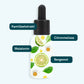 Dropperflaske med etiketter Kamillekstrakt, Citronmelisse, Melatonin og Bergamot, omgivet af citronskiver, kamilleblomster og mynte.