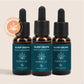 Tre brune dråbeflasker med blå etiketter 'Sleep Drops' (Melatonin & Plant Extracts) fra Nordic Oil og mærket 'Produkt uden CBD'