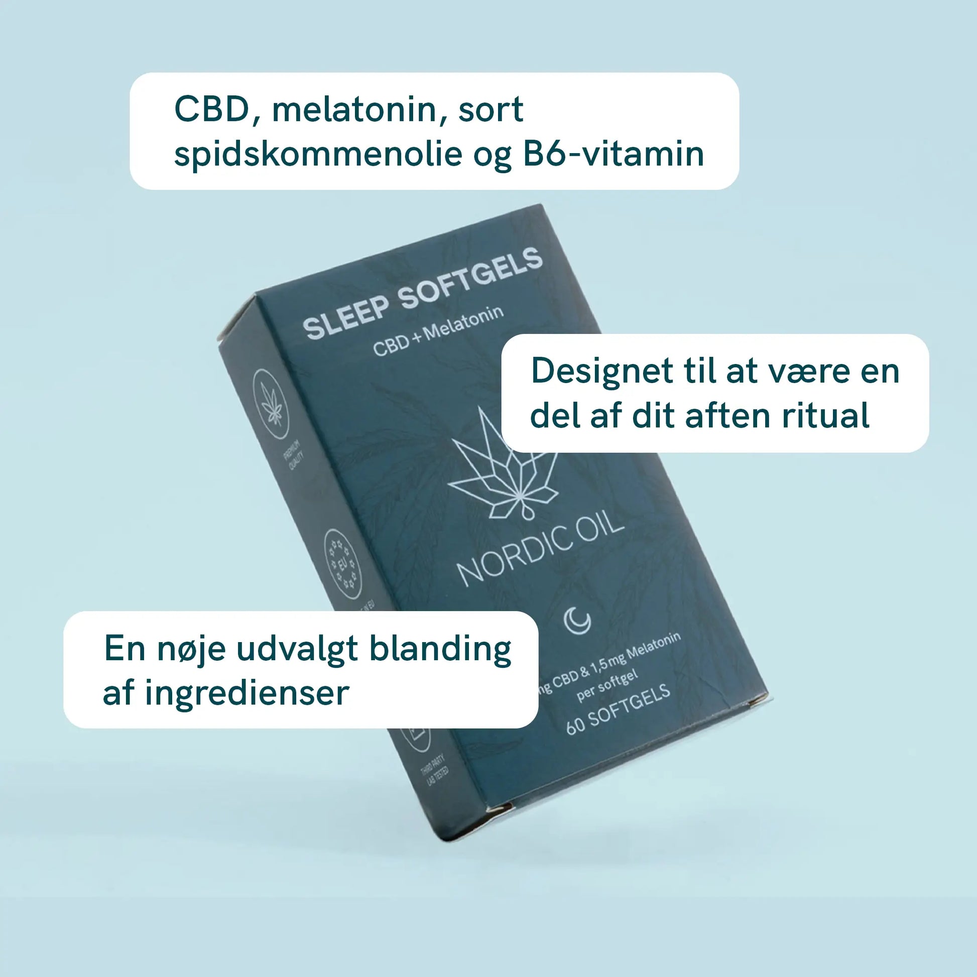 Nordic Oil Sleep Softgels-boks med CBD og melatonin på en lyseblå baggrund