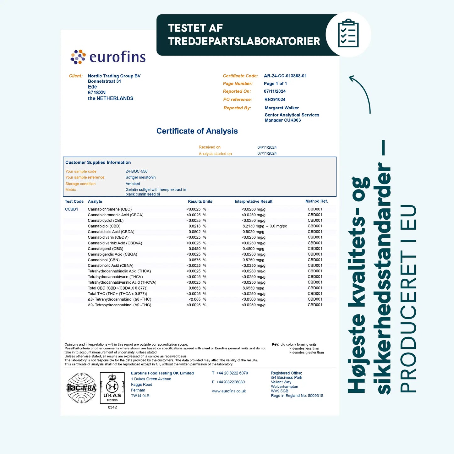 Eurofins analysecertifikat for CBD-produkt med prøveresultater og cannabinoiddata.