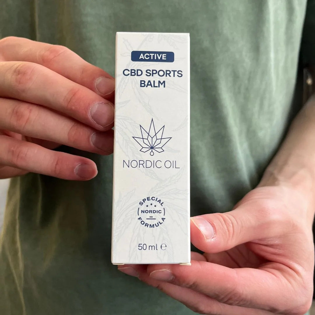 Nordic Oil Active CBD Sports Balm i hvid æske med logo, 50 ml