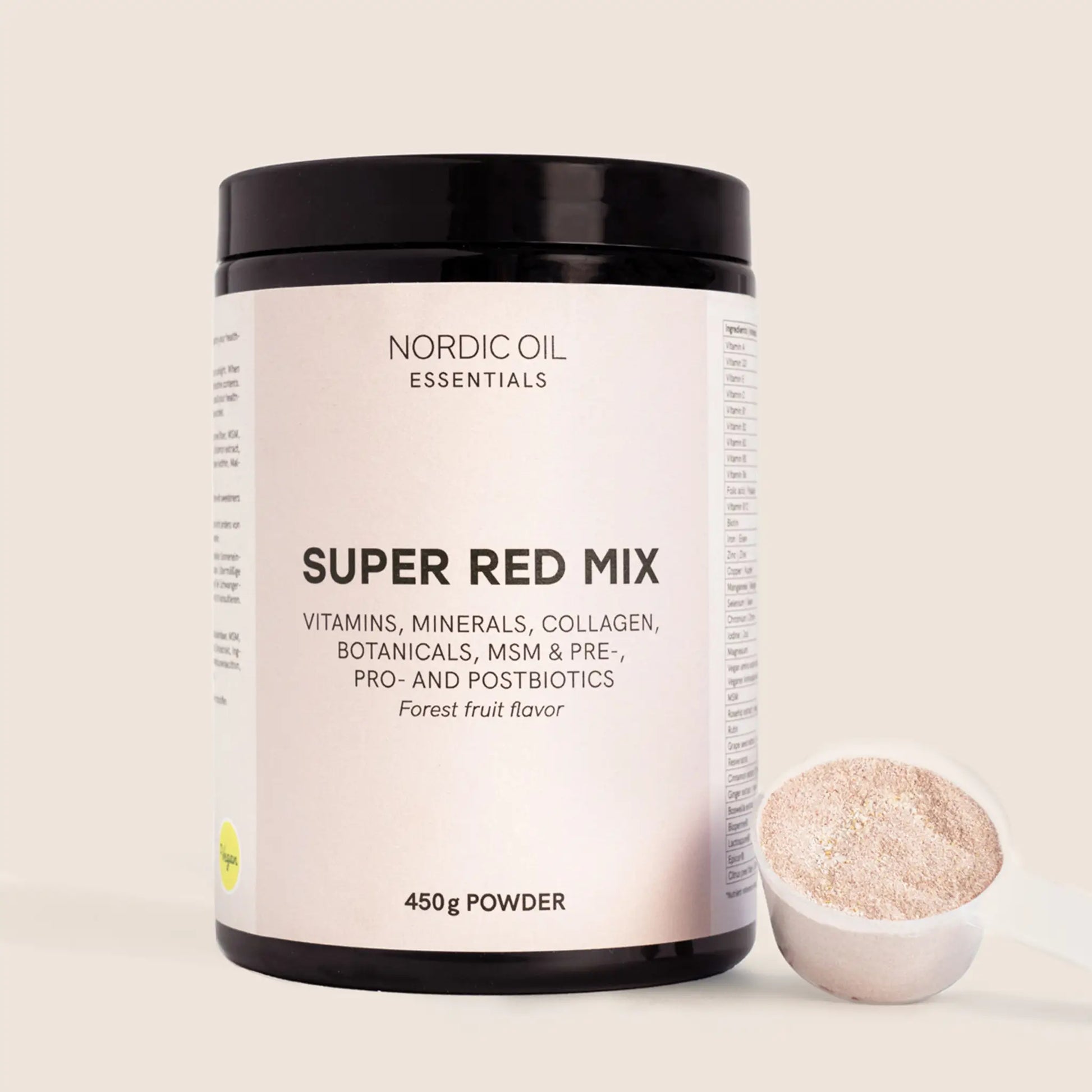 Nordic Oil Essentials Super Red Mix pulver i mørk krukke med måleske ved siden af