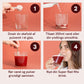 Instruktionsbillede til at lave Super Red Mix: dosér pulver i et glas, tilsæt vand, rør og nyd.