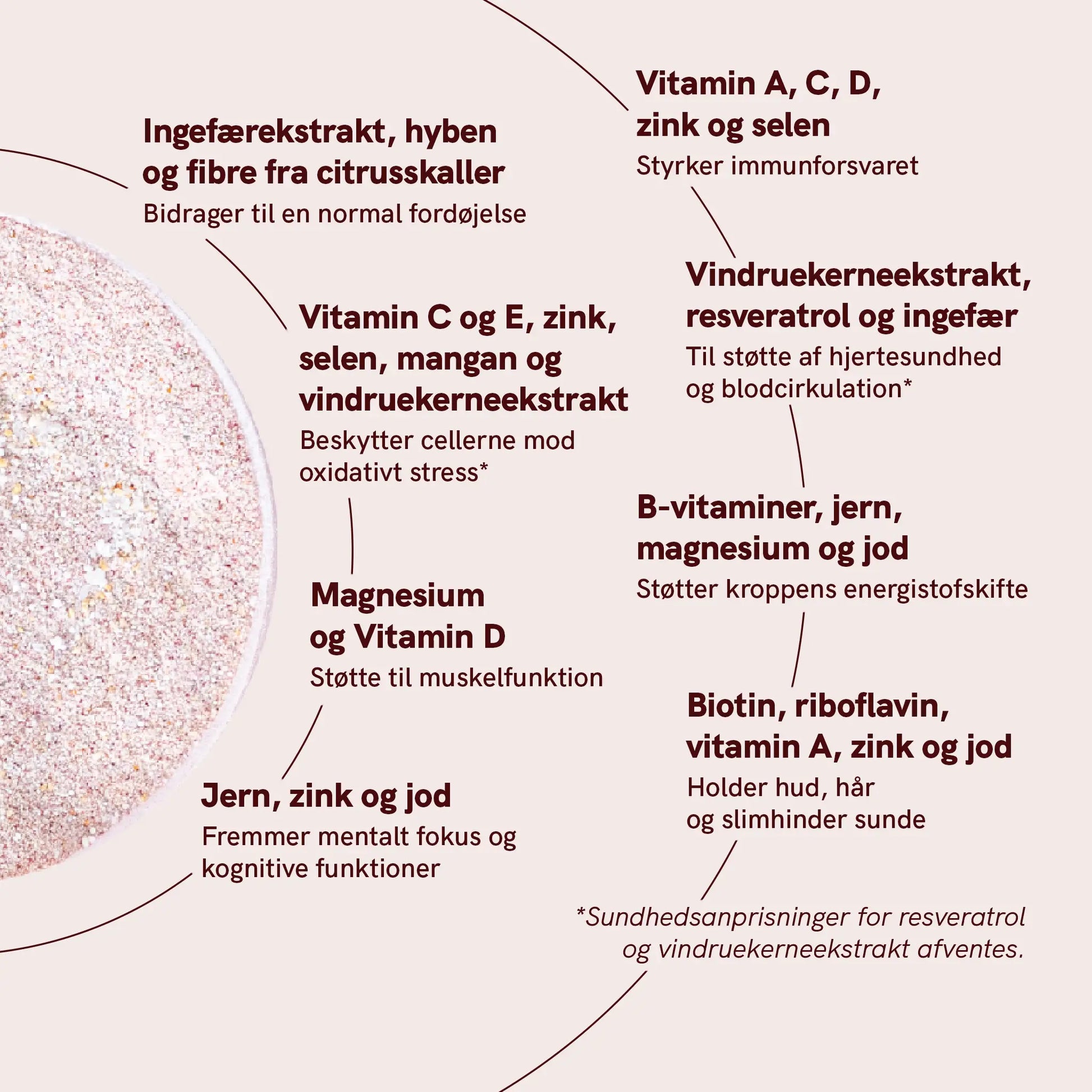 Infografik over næringsstoffer i et kosttilskudspulver med ingredienser som magnesium, vitamin D, jern, zink og B-vitaminer.