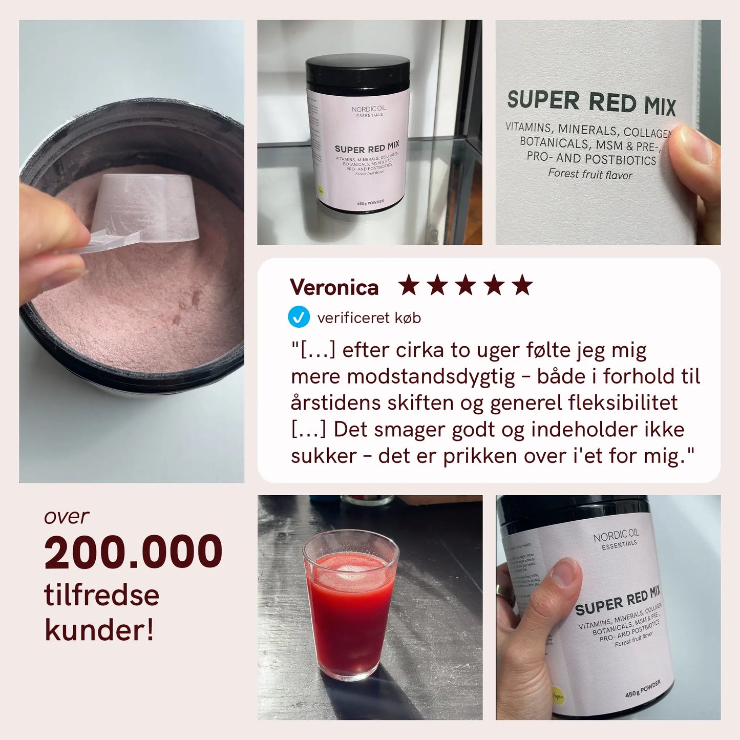 Kollage af Nordic Oil Super Red Mix kosttilskud: åben krukke med lyserødt pulver, flaske og glas med rødt juice samt kundeudtalelse.