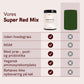 Nordic Oil Super Red Mix kosttilskud i krukke ved siden af en grafisk tabel med egenskaber (uden hvedegræs, MSM, med præ-, post- og probiotika, vegansk aminosyrekompleks, behøves ikke opbevaring på køl)