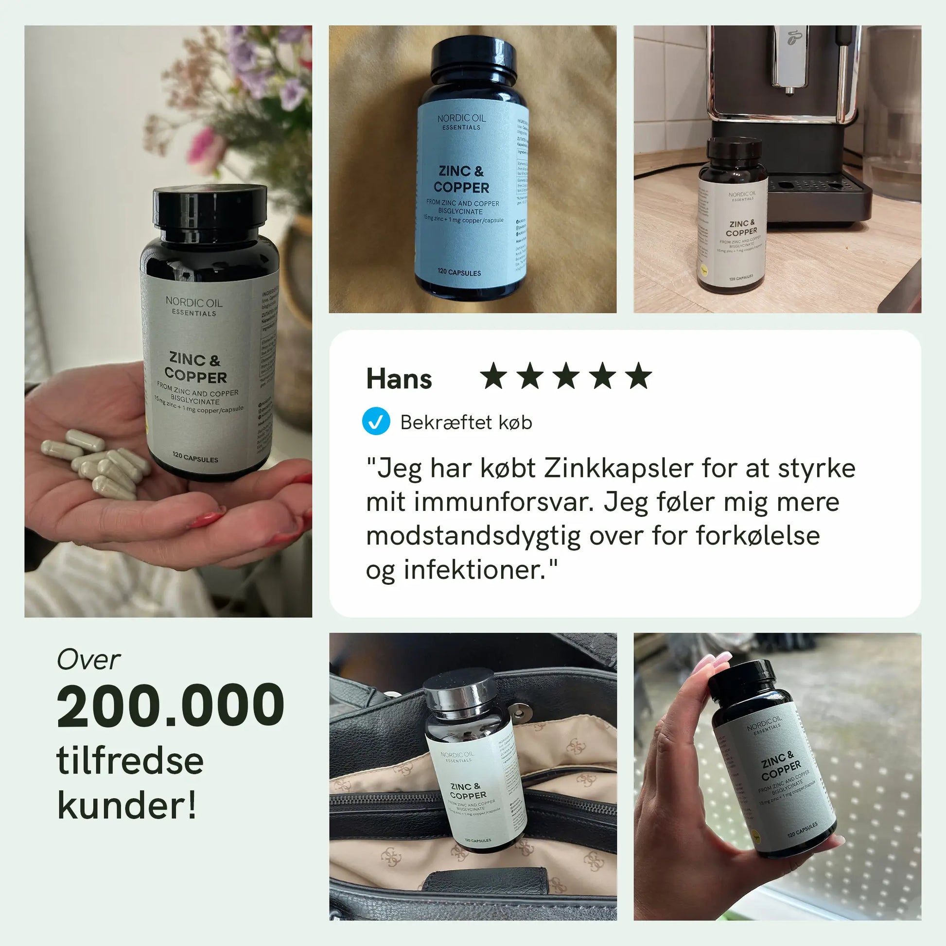 Collage af Nordic Oil Zink & Copper kapsler: hånd holder kapsler, flaske ved kaffemaskine og tekst om tilfredse kunder.