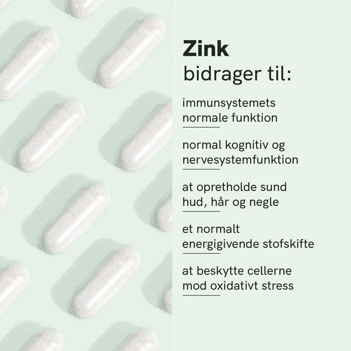 Infografik med zinkkapsler og tekst om zinks bidrag til immunsystemets normale funktion og nervesystemets funktion.
